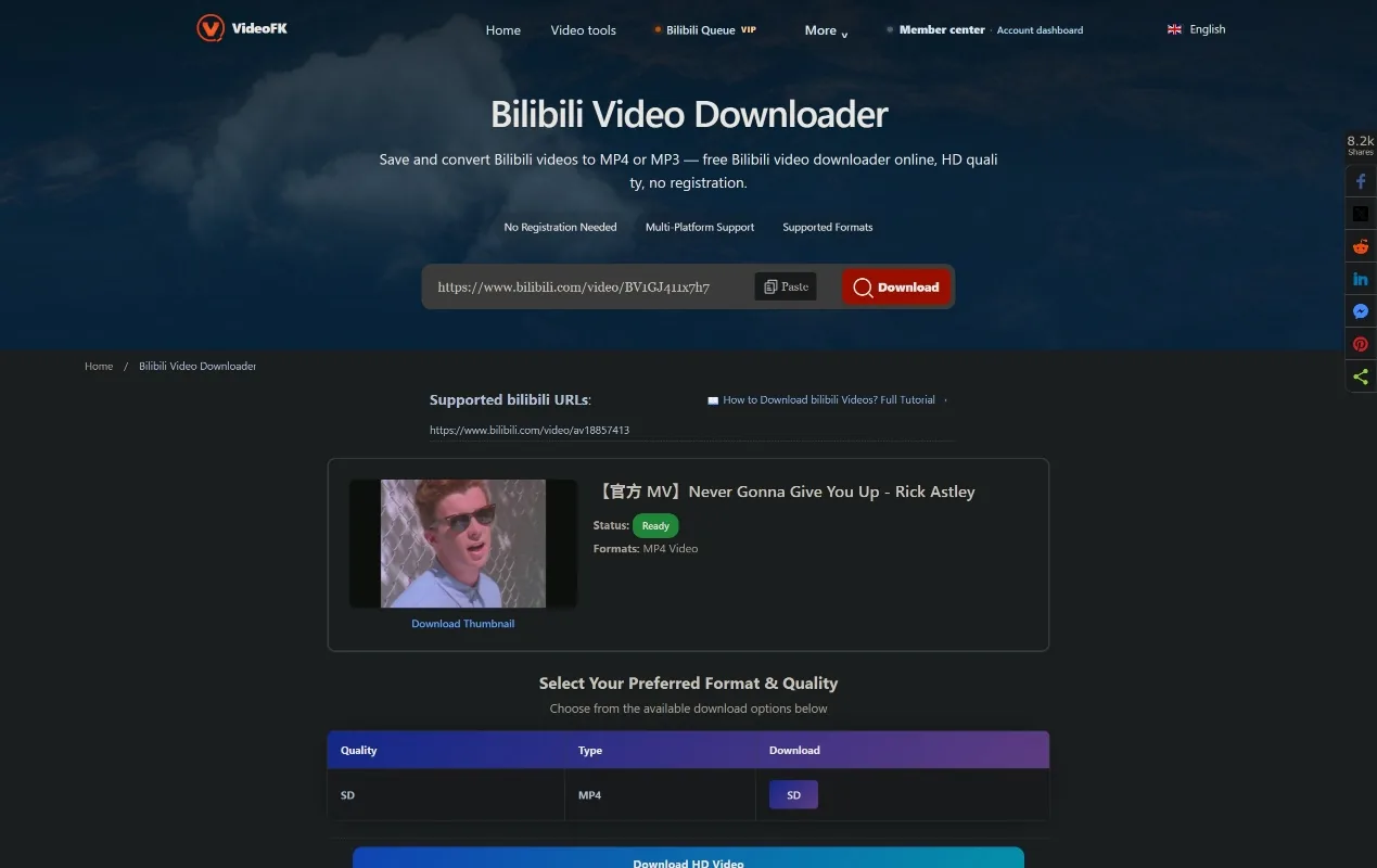 VideoFK 的 Bilibili 下载页：解析结果与可选的画质